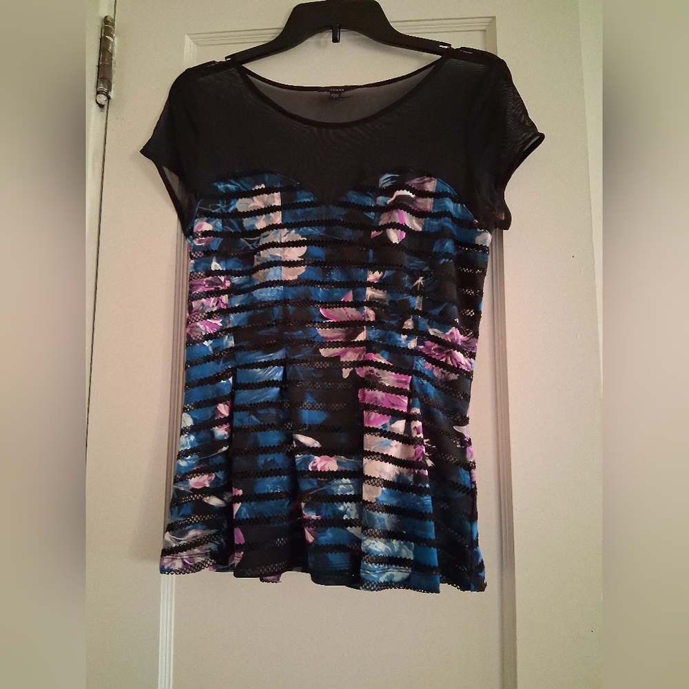 Black Mesh Floral Stripe Top
